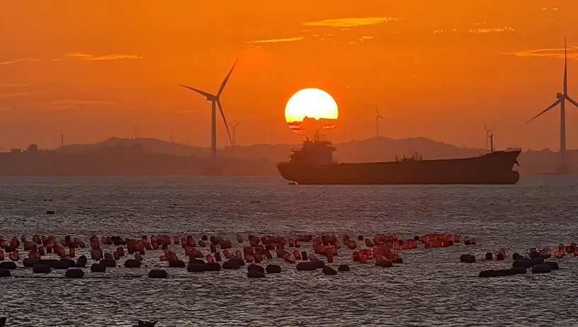 Rafts pillow sunset, boats sail orange waves